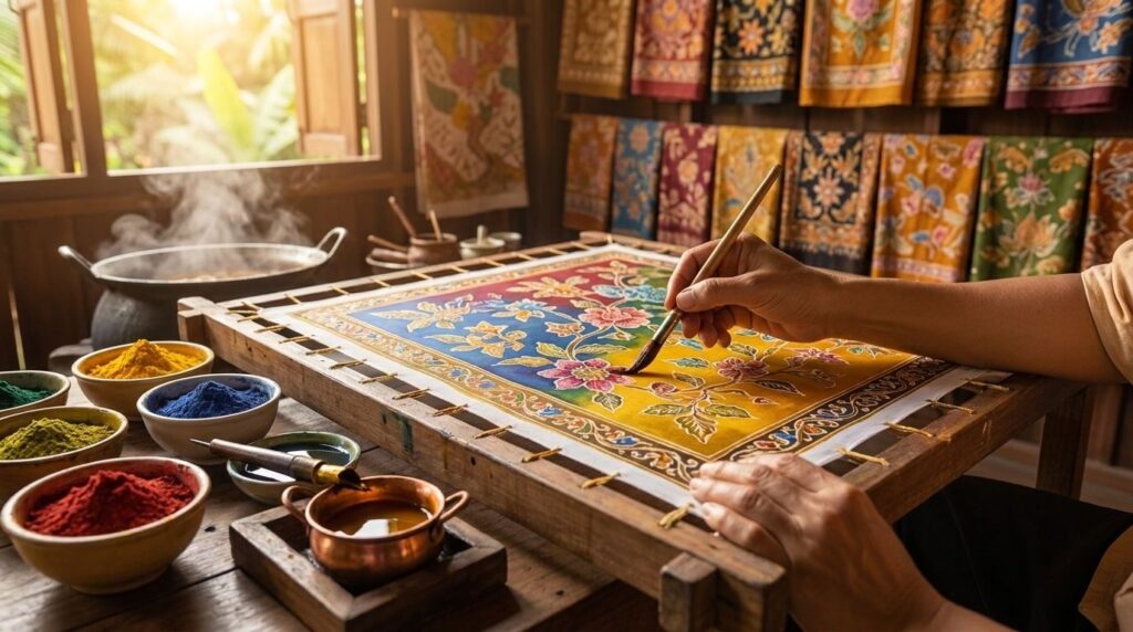 Hands painting colourful dyes onto batik fabric stretched on a wooden frame in a Phuket studio