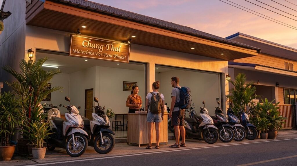 Tourists talking with staff at the family-run Chang Thai shop in Chalong, Phuket, scooters parked in front