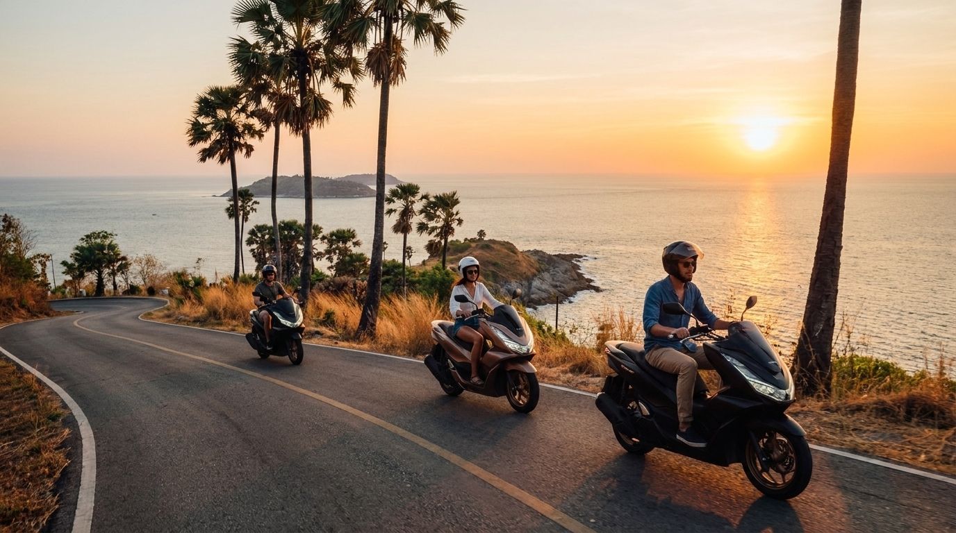 Sunset scooter tour group riding in Phuket